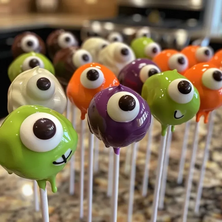 ['Close-up view of Halloween One Eyed Monster Cake Pops with vibrant colors.', 'Side view of cake pops featuring candy eyes, showcasing Halloween themes.', 'Juicy, colorful One Eyed Monster Cake Pops arranged on a decorative stand.', 'Detailed image of spooky cake pops with green and purple colors and eyes.']
