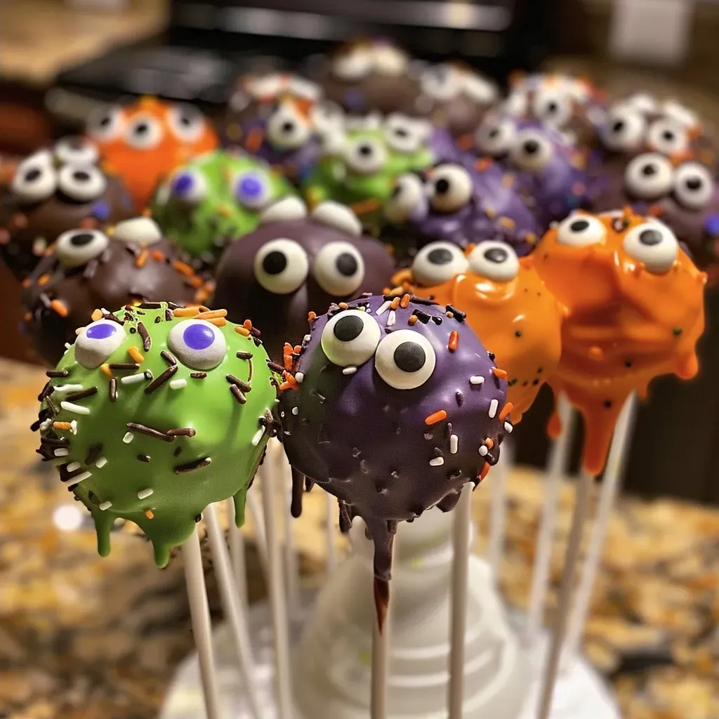 ['Close-up view of Halloween One Eyed Monster Cake Pops with vibrant colors.', 'Side view of cake pops featuring candy eyes, showcasing Halloween themes.', 'Juicy, colorful One Eyed Monster Cake Pops arranged on a decorative stand.', 'Detailed image of spooky cake pops with green and purple colors and eyes.']