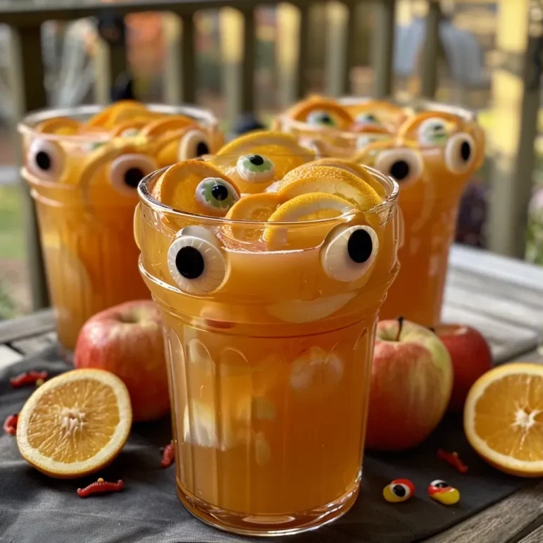 ['A close-up view of vibrant Halloween Party Punch in a glass pitcher with fruit garnishes.', 'A side view of colorful Halloween-themed punch featuring sliced oranges and apples.', 'Juicy Halloween Party Punch displayed with gummy worms and candy eyeballs as decorations.', 'Refreshing mixture of apple cider and ginger ale with fruit slices in a clear glass container.']