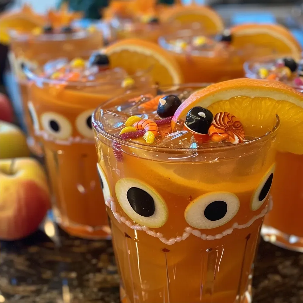 ['A close-up view of vibrant Halloween Party Punch in a glass pitcher with fruit garnishes.', 'A side view of colorful Halloween-themed punch featuring sliced oranges and apples.', 'Juicy Halloween Party Punch displayed with gummy worms and candy eyeballs as decorations.', 'Refreshing mixture of apple cider and ginger ale with fruit slices in a clear glass container.']