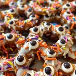 ['Close-up view of Halloween-themed pretzels decorated with candy eyes and sprinkles.', 'Side view of a platter of festive Halloween pretzels coated in white chocolate and adorned with colorful sprinkles.', 'Detailed image of Halloween pretzels featuring red candy melts and yogurt-covered pretzels, showcasing festive decorations.', 'Juicy pretzels crafted for Halloween, featuring almond bark and playful candy eyes.']