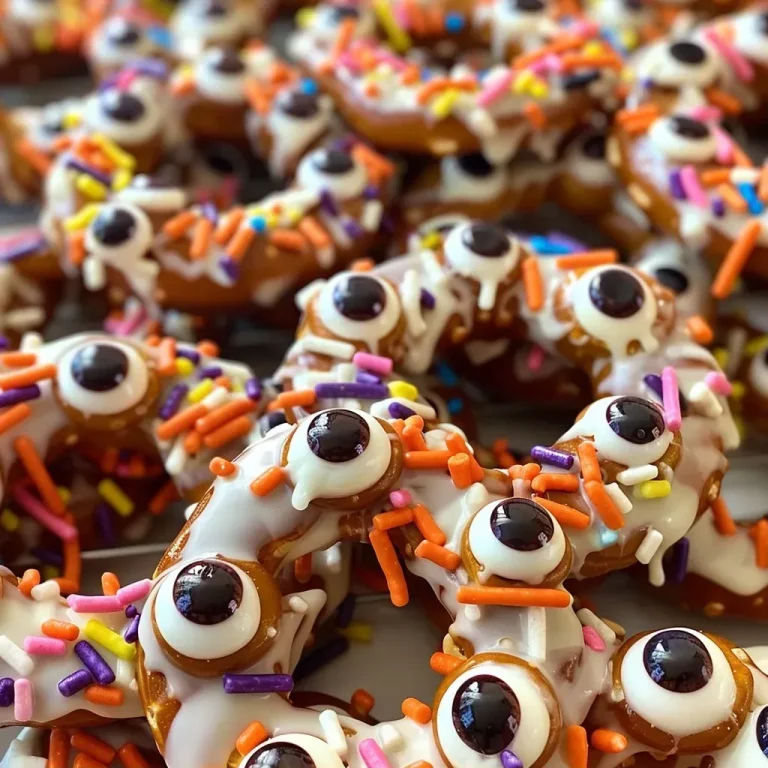 ['Close-up view of Halloween-themed pretzels decorated with candy eyes and sprinkles.', 'Side view of a platter of festive Halloween pretzels coated in white chocolate and adorned with colorful sprinkles.', 'Detailed image of Halloween pretzels featuring red candy melts and yogurt-covered pretzels, showcasing festive decorations.', 'Juicy pretzels crafted for Halloween, featuring almond bark and playful candy eyes.']