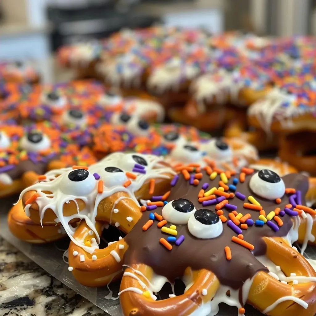 ['Close-up view of Halloween-themed pretzels decorated with candy eyes and sprinkles.', 'Side view of a platter of festive Halloween pretzels coated in white chocolate and adorned with colorful sprinkles.', 'Detailed image of Halloween pretzels featuring red candy melts and yogurt-covered pretzels, showcasing festive decorations.', 'Juicy pretzels crafted for Halloween, featuring almond bark and playful candy eyes.']