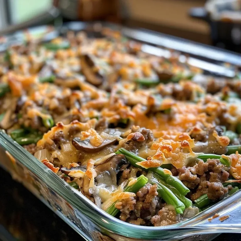 ['Close-up view of a Hamburger Green Bean Casserole with ground beef, green beans, and cheese.', 'Side view of a hearty Hamburger Green Bean Casserole displaying layers of ingredients.', 'Juicy Hamburger Green Bean Casserole topped with melted cheese and fresh ingredients.', 'Deliciously baked Hamburger Green Bean Casserole featuring beef, green beans, and creamy sauce.']