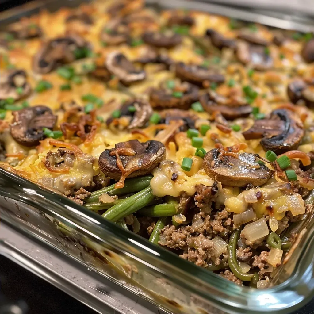 ['Close-up view of a Hamburger Green Bean Casserole with ground beef, green beans, and cheese.', 'Side view of a hearty Hamburger Green Bean Casserole displaying layers of ingredients.', 'Juicy Hamburger Green Bean Casserole topped with melted cheese and fresh ingredients.', 'Deliciously baked Hamburger Green Bean Casserole featuring beef, green beans, and creamy sauce.']