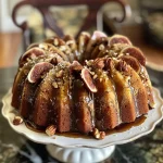 ['Side view of a moist hazelnut fig bundt cake topped with a glossy chocolate ganache.', 'Close-up of a beautifully glazed hazelnut fig bundt cake showcasing its rich texture and toppings.', 'A delectable hazelnut fig bundt cake with a glossy chocolate glaze, highlighting the intricate details of its design.', 'Side profile of a luscious bundt cake featuring figs and hazelnuts, drizzled with dark chocolate ganache.']