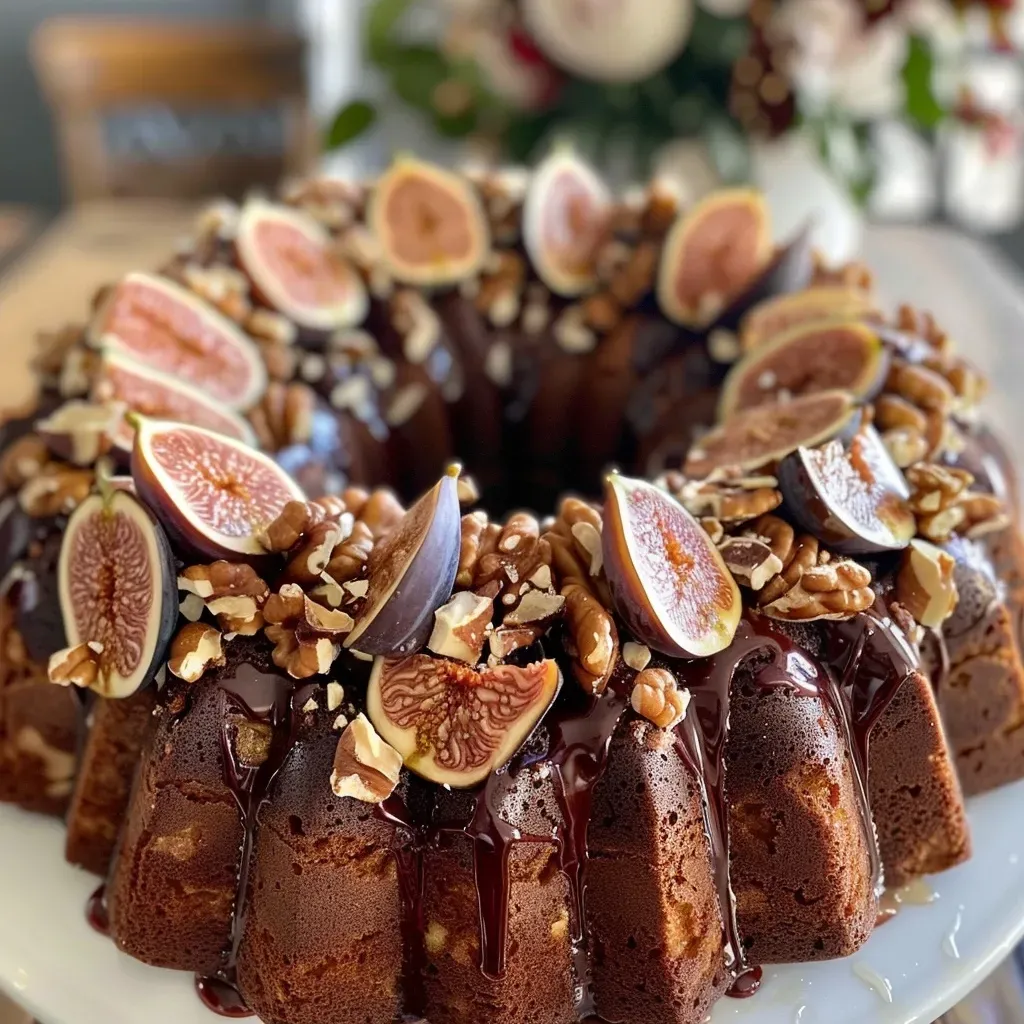 ['Side view of a moist hazelnut fig bundt cake topped with a glossy chocolate ganache.', 'Close-up of a beautifully glazed hazelnut fig bundt cake showcasing its rich texture and toppings.', 'A delectable hazelnut fig bundt cake with a glossy chocolate glaze, highlighting the intricate details of its design.', 'Side profile of a luscious bundt cake featuring figs and hazelnuts, drizzled with dark chocolate ganache.']