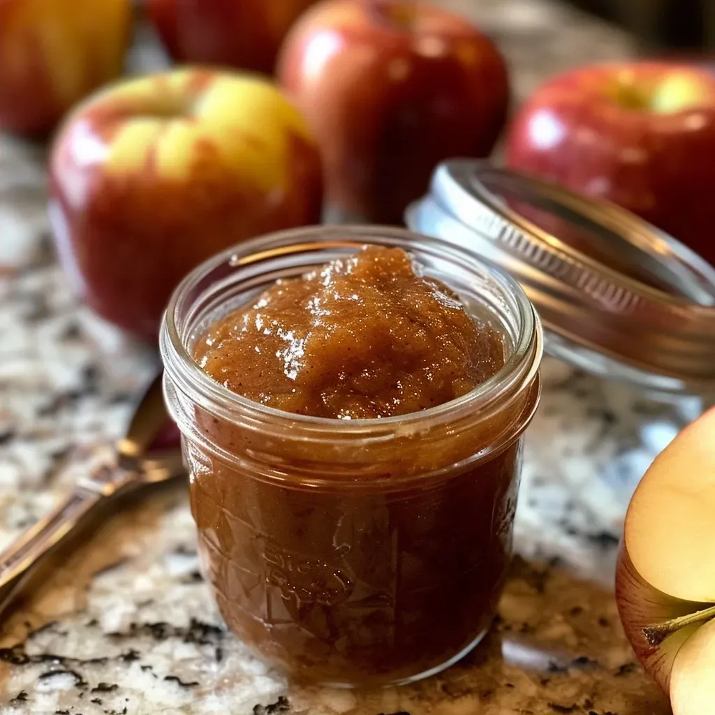 ['Close-up of a jar filled with smooth apple butter, with a spoon resting beside it.', 'Side view of a creamy apple butter spread in a small bowl, surrounded by fresh apples.', 'Thick and rich apple butter in a glass container, with a sprinkle of cinnamon on top.', 'Homemade apple butter displayed elegantly in a jar, with apple slices artfully arranged around it.']
