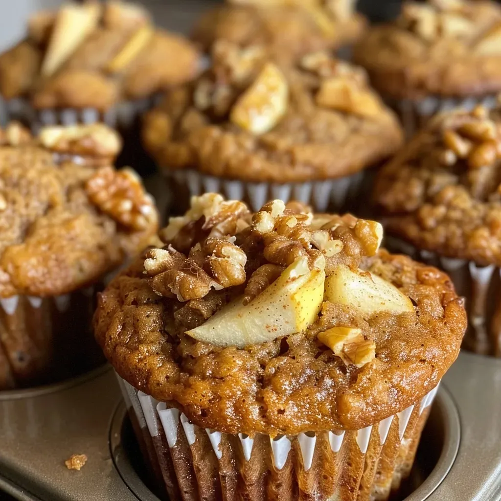 ['Close-up of a moist apple spice muffin with a golden-brown top and visible apple pieces.', 'Side view of a healthy muffin showcasing its spiced texture and garnished surface.', 'Juicy apple spice muffin highlighting the fluffy interior and crunchy walnut topping.', 'Freshly baked apple spice muffin with a warm, inviting appearance and apple chunks evident.']