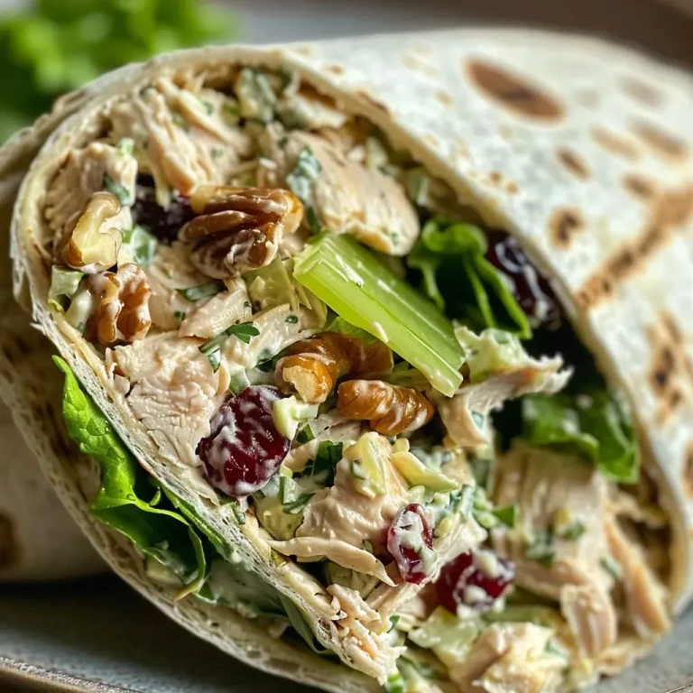 ['Close-up view of a healthy chicken salad wrap filled with herbs, vegetables, and cranberries.', 'Side angle of a colorful chicken salad wrap showcasing fresh ingredients and a creamy filling.', 'Tasty chicken salad wrap filled with shredded lettuce, chicken, and nuts, presented on a plate.', 'Juicy chicken salad wraps stacked, featuring vibrant greens and a variety of textures.']