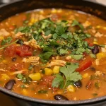 ['Close-up view of a bowl of Healthy Chicken Tortilla Soup with vibrant ingredients.', 'Side view of a colorful Healthy Chicken Tortilla Soup topped with fresh cilantro and tortilla strips.', 'Detailed shot of a steaming bowl of Healthy Chicken Tortilla Soup with visible black beans and corn.', 'Close-up of Healthy Chicken Tortilla Soup displaying chunks of chicken and colorful vegetables.']