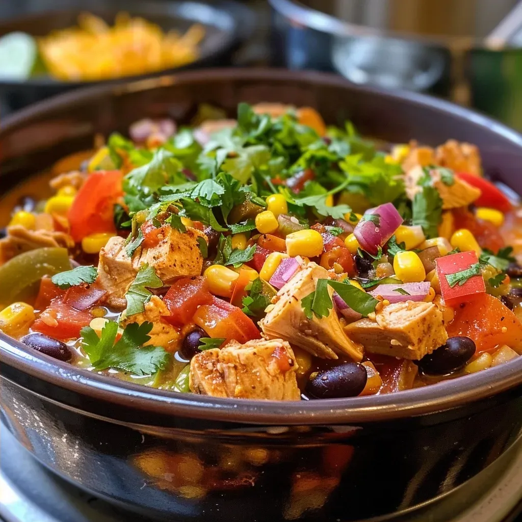 Close-up view of a bowl of Healthy Chicken Tortilla Soup with vibrant ingredients.