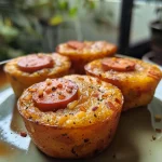 ['Close-up of golden-brown Healthy Corn Dog Muffins on a white plate.', 'Side view of Healthy Corn Dog Muffins showcasing their fluffy texture.', 'Juicy corn dog muffins arranged neatly on a rustic wooden table.', 'A plate of Healthy Corn Dog Muffins with a few hot dogs peeking out.']