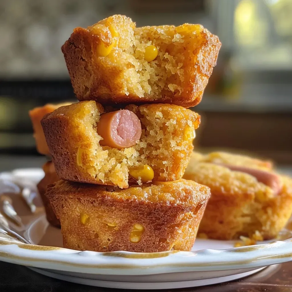 ['Close-up of golden-brown Healthy Corn Dog Muffins on a white plate.', 'Side view of Healthy Corn Dog Muffins showcasing their fluffy texture.', 'Juicy corn dog muffins arranged neatly on a rustic wooden table.', 'A plate of Healthy Corn Dog Muffins with a few hot dogs peeking out.']
