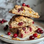 ['A close-up side view of a golden-brown cranberry orange scone with visible cranberries and orange zest.', 'Juicy cranberry orange scones displayed on a rustic surface, showcasing golden crusts and vibrant red cranberries.', 'A side view of flaky healthy scones with chunks of cranberries and hints of orange zest glistening.', 'Delicious looking cranberry orange scones with a textured surface, highlighting the fresh cranberries and orange peel.']