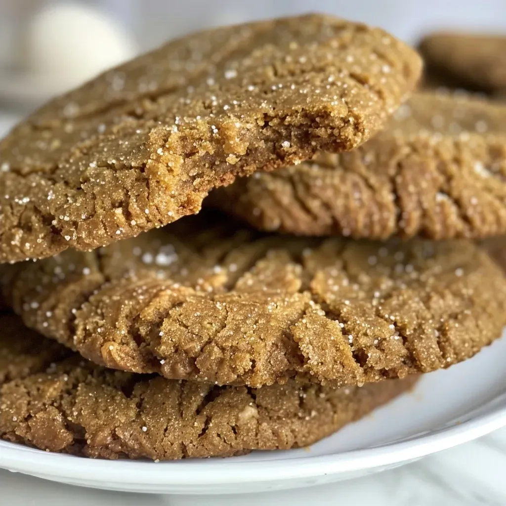 ['Close-up side view of soft and chewy healthy ginger cookies on a plate.', 'Delicious, golden-brown ginger cookies with a chewy texture displayed on a wooden table.', 'A stack of healthy ginger cookies showing a soft interior and a crisp edge.', 'Side view of fresh ginger cookies with a dusting of sugar on top.']