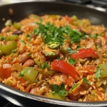 ['Close-up view of a bowl of healthy jambalaya, showcasing colorful ingredients.', 'Side perspective of a hearty healthy jambalaya with visible vegetables and beans.', 'Detailed shot of healthy jambalaya, highlighting vibrant bell peppers and grains.', 'Juicy healthy jambalaya served in a bowl, featuring a medley of textures and colors.']