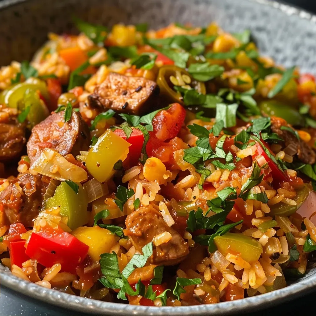 ['Close-up view of a bowl of healthy jambalaya, showcasing colorful ingredients.', 'Side perspective of a hearty healthy jambalaya with visible vegetables and beans.', 'Detailed shot of healthy jambalaya, highlighting vibrant bell peppers and grains.', 'Juicy healthy jambalaya served in a bowl, featuring a medley of textures and colors.']