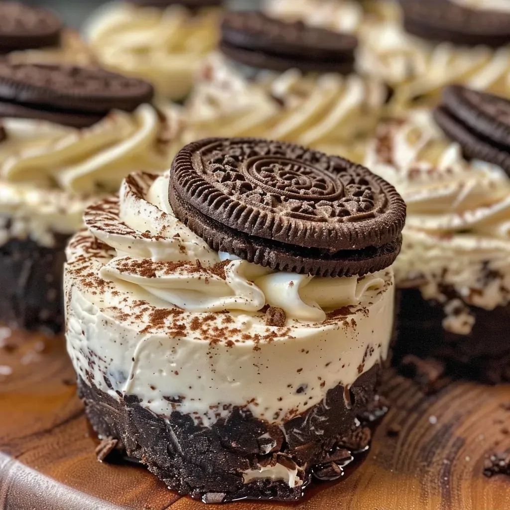 ['Close-up of No-Bake Oreo Cheesecake Bites with a smooth texture.', 'Side view of creamy Oreo cheesecake bites garnished with cookie pieces.', 'Delicious No-Bake Oreo Cheesecake Bites arranged on a plate.', 'Healthy dessert bites made with Oreo thins and cream cheese.']