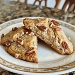 ['Close-up view of a golden-brown healthy pecan scone with visible pieces of pecans.', 'Side view of a freshly baked pecan scone showcasing its flaky texture and glaze.', 'Juicy healthy pecan scone on a plate, highlighting its crumbly exterior and nutty toppings.', 'Delicious-looking pecan scone captured in detail, emphasizing its rich color and ingredients.']