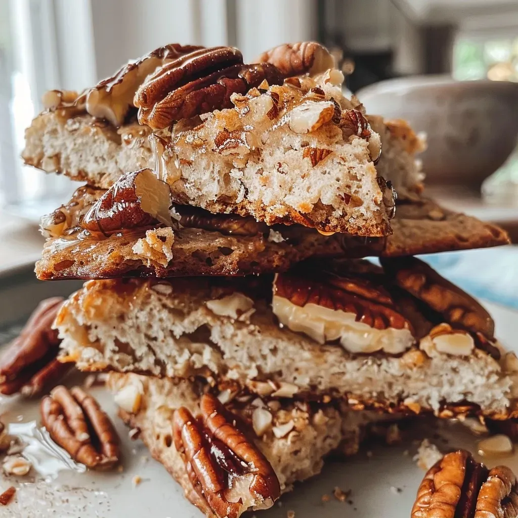 ['Close-up view of a golden-brown healthy pecan scone with visible pieces of pecans.', 'Side view of a freshly baked pecan scone showcasing its flaky texture and glaze.', 'Juicy healthy pecan scone on a plate, highlighting its crumbly exterior and nutty toppings.', 'Delicious-looking pecan scone captured in detail, emphasizing its rich color and ingredients.']
