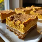['Close-up side view of Healthy Pumpkin Cheesecake Bars with a creamy texture.', 'Delicious Healthy Pumpkin Cheesecake Bars displayed on a plate, showcasing layers.', 'Side view of decadent Healthy Pumpkin Cheesecake Bars topped with a sprinkle of cinnamon.', 'Vibrant orange pumpkin cheesecake bars with a crunchy base on a rustic surface.']