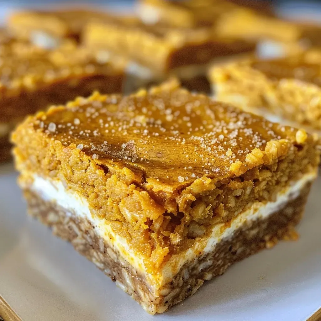 ['Close-up side view of Healthy Pumpkin Cheesecake Bars with a creamy texture.', 'Delicious Healthy Pumpkin Cheesecake Bars displayed on a plate, showcasing layers.', 'Side view of decadent Healthy Pumpkin Cheesecake Bars topped with a sprinkle of cinnamon.', 'Vibrant orange pumpkin cheesecake bars with a crunchy base on a rustic surface.']