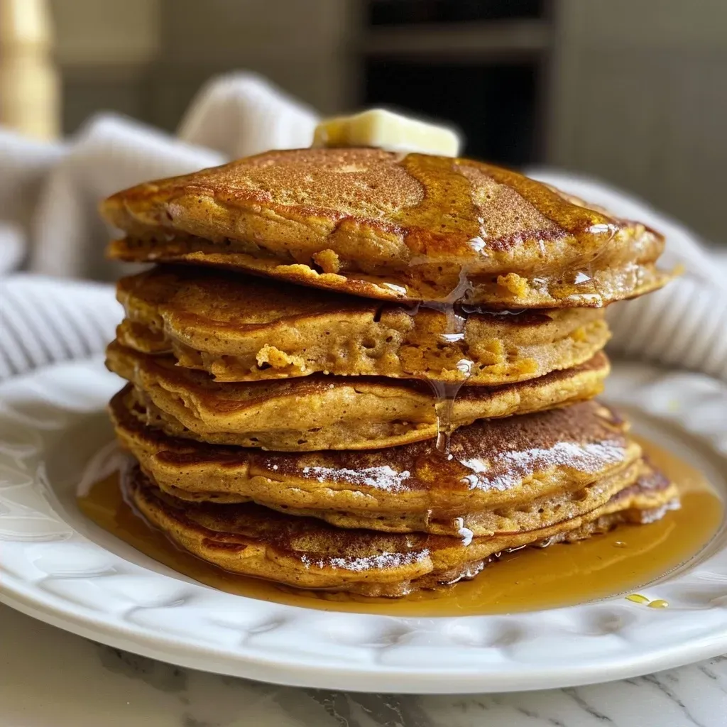 ['Close-up view of healthy pumpkin pancakes stacked on a plate, topped with pecans and maple syrup.', 'Side view of delicious pumpkin pancakes, garnished with Greek yogurt and a drizzle of syrup.', 'Juicy pumpkin pancakes with a golden-brown crust, served with butter and nuts on a rustic plate.', 'Wholesome pumpkin pancakes presented with chopped pecans and a dollop of yogurt.']