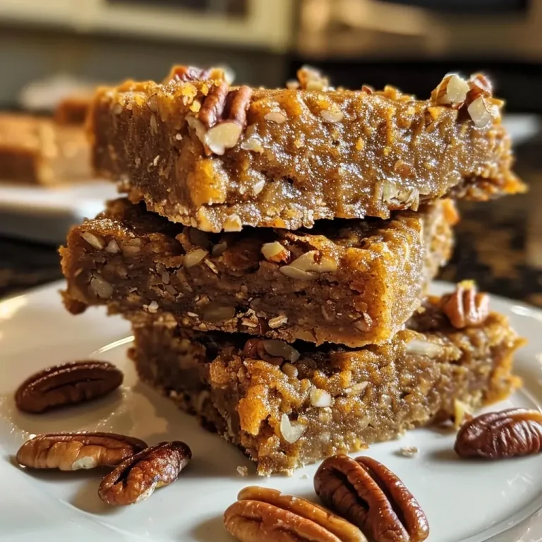 ['A close-up side view of Healthy Pumpkin Pecan Bars showcasing their textured layers.', 'Detailed side view of pumpkin pecan bars with visible pecan pieces and a golden-brown top.', 'Close-up image of a gluten-free pumpkin pecan bar highlighting its moist texture.', 'Side view of freshly baked pumpkin bars with chopped pecans and a glossy finish.']