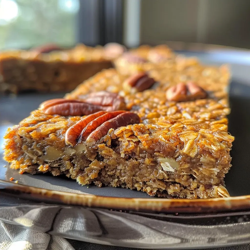 ['A close-up side view of Healthy Pumpkin Pecan Bars showcasing their textured layers.', 'Detailed side view of pumpkin pecan bars with visible pecan pieces and a golden-brown top.', 'Close-up image of a gluten-free pumpkin pecan bar highlighting its moist texture.', 'Side view of freshly baked pumpkin bars with chopped pecans and a glossy finish.']