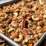 ['A close-up view of healthy pumpkin spice granola with nuts and seeds.', 'Side view of a bowl filled with vegan pumpkin spice granola on a wooden table.', 'Healthy granola featuring oats, pumpkin seeds, and nuts, displayed in a white bowl.', 'A beautifully arranged bowl of pumpkin spice granola showcasing its texture and ingredients.']