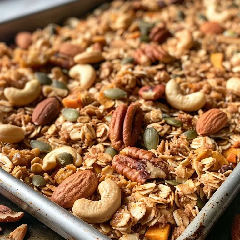 ['A close-up view of healthy pumpkin spice granola with nuts and seeds.', 'Side view of a bowl filled with vegan pumpkin spice granola on a wooden table.', 'Healthy granola featuring oats, pumpkin seeds, and nuts, displayed in a white bowl.', 'A beautifully arranged bowl of pumpkin spice granola showcasing its texture and ingredients.']