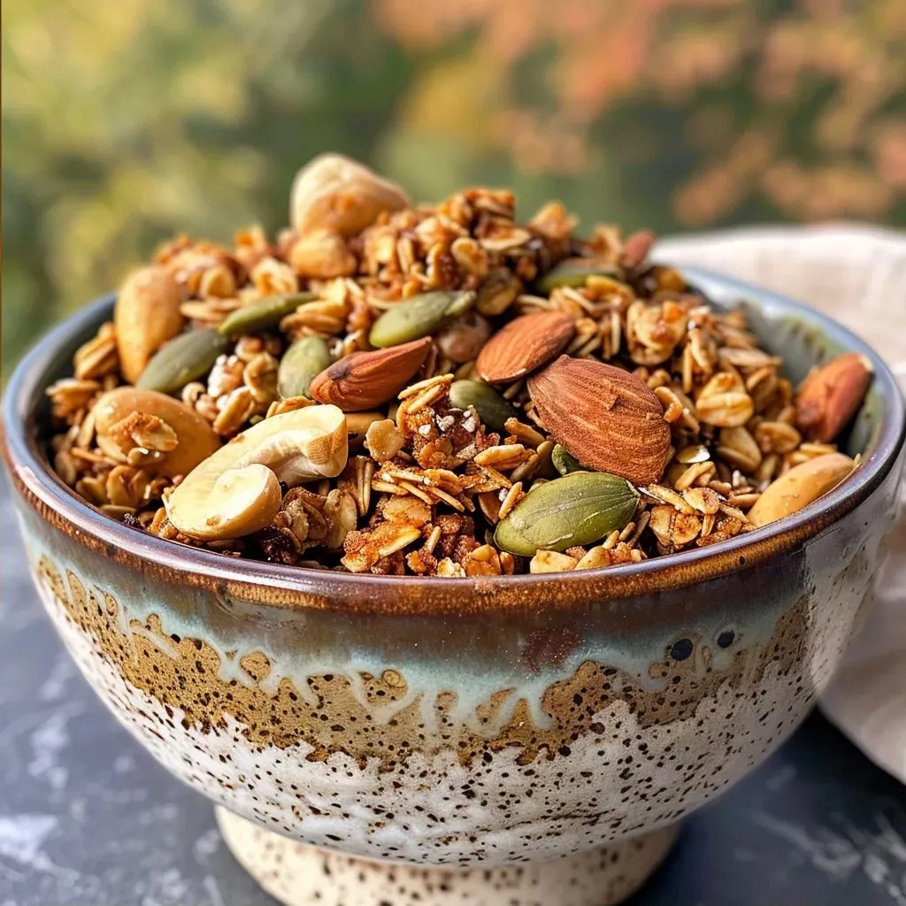 ['A close-up view of healthy pumpkin spice granola with nuts and seeds.', 'Side view of a bowl filled with vegan pumpkin spice granola on a wooden table.', 'Healthy granola featuring oats, pumpkin seeds, and nuts, displayed in a white bowl.', 'A beautifully arranged bowl of pumpkin spice granola showcasing its texture and ingredients.']