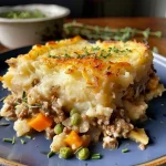 ["Close-up of a healthy shepherd's pie with golden mashed potato topping.", "Delicious shepherd's pie showing layers of beef and vegetables beneath creamy potato mash.", "Side view of a hearty shepherd's pie filled with ground beef, peas, and carrots.", "Juicy healthy shepherd's pie, baked to perfection with a crispy top layer."]