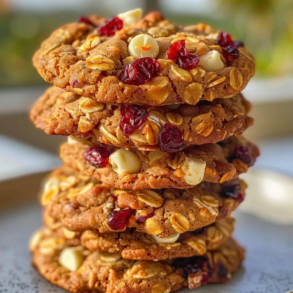 ['Close-up of healthy white chocolate cranberry cookies, showcasing their chewy texture and bits of cranberries.', 'Side view of freshly baked white chocolate cranberry cookies with melted chocolate pieces and cranberries visible.', 'Gourmet-style shot of white chocolate cranberry cookies, emphasizing their golden edges and soft center.', 'Appetizing close-up of healthy cookies with white chocolate chips and dried cranberries, highlighting their inviting appearance.']