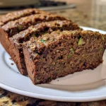 ['Side view of a moist slice of healthy zucchini bread, showcasing its texture and ingredients.', 'Close-up of a piece of zucchini bread, highlighting the green flecks of zucchini and chocolate chips.', 'Juicy zucchini bread slice with a golden-brown crust, displaying its hearty ingredients.', 'Detailed image of healthy zucchini bread, emphasizing its rich texture and potential toppings.']