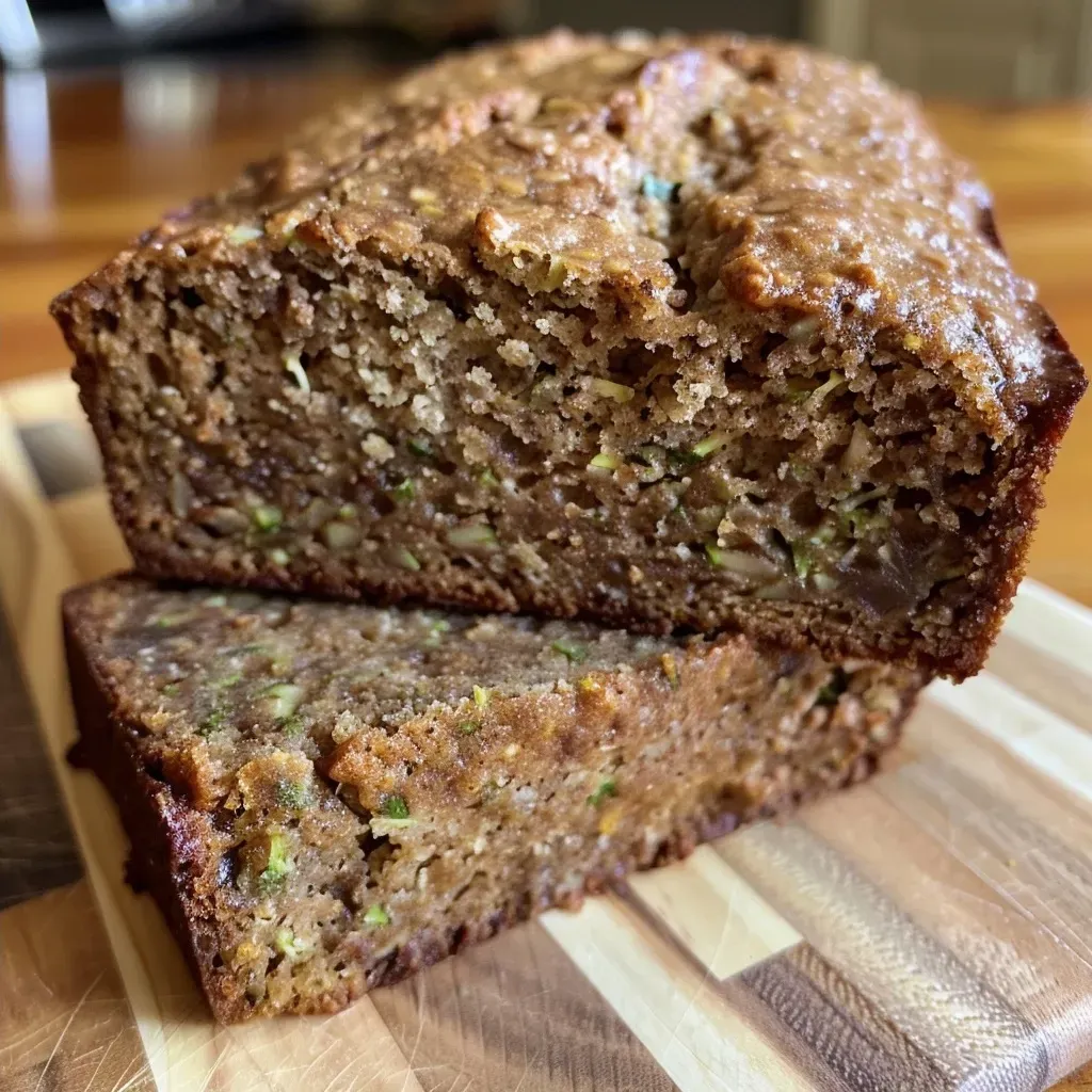 ['Side view of a moist slice of healthy zucchini bread, showcasing its texture and ingredients.', 'Close-up of a piece of zucchini bread, highlighting the green flecks of zucchini and chocolate chips.', 'Juicy zucchini bread slice with a golden-brown crust, displaying its hearty ingredients.', 'Detailed image of healthy zucchini bread, emphasizing its rich texture and potential toppings.']
