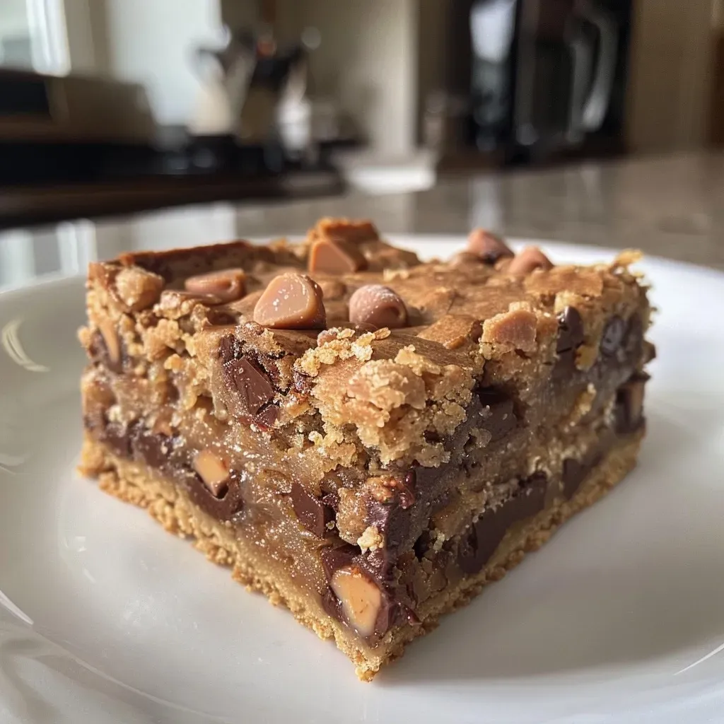 ['Close-up view of Heath Cookie Bars, showcasing their golden-brown color and chocolate chunks.', 'Side view of freshly baked Heath Cookie Bars with visible toffee bits and chocolate chips.', 'Detailed close-up of delicious Heath Cookie Bars, highlighting the texture and rich chocolate topping.', 'Juicy Heath Cookie Bars displayed on a plate, emphasizing their chewy and crispy edges.']