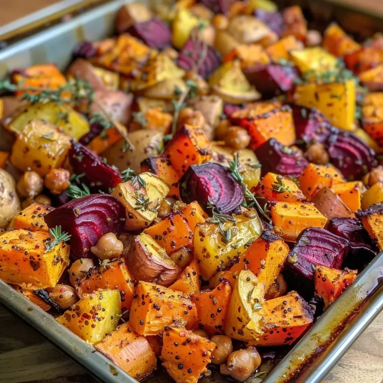 ['Close-up of herb-spiced roasted root vegetables with spiced chickpeas and lemon rice on a plate.', 'Vibrant assortment of sweet potato, beet, parsnip, carrots, and onions, mixed with chickpeas and rice.', 'Colorful roasted root vegetables and chickpeas served with a side of lemon rice in a rustic dish.', 'A delicious serving of seasoned root vegetables and chickpeas, complemented by fluffy lemon rice.']