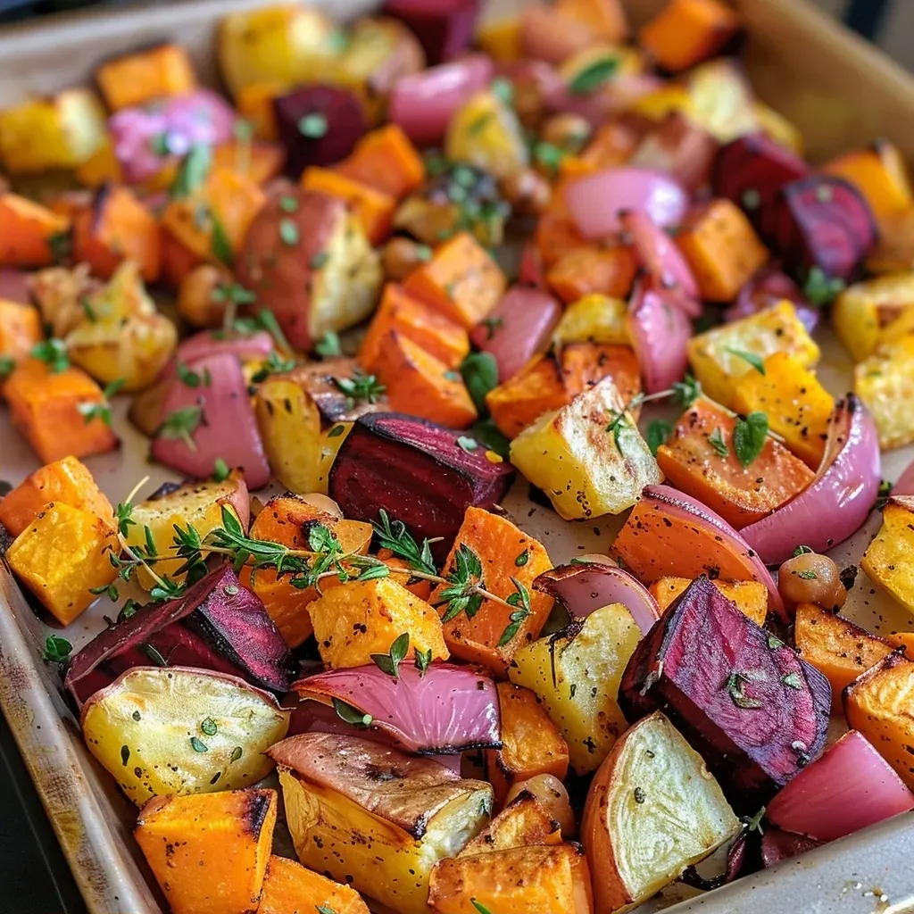 ['Close-up of herb-spiced roasted root vegetables with spiced chickpeas and lemon rice on a plate.', 'Vibrant assortment of sweet potato, beet, parsnip, carrots, and onions, mixed with chickpeas and rice.', 'Colorful roasted root vegetables and chickpeas served with a side of lemon rice in a rustic dish.', 'A delicious serving of seasoned root vegetables and chickpeas, complemented by fluffy lemon rice.']