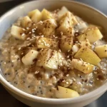 ['Close-up of high protein apple cinnamon overnight oats in a glass jar with apple slices on top.', 'Side view of overnight oats featuring chopped apples and cinnamon, garnished with additional apple slices.', 'Creamy apple cinnamon oats in a bowl with a spoon, showcasing the texture and vibrant ingredients.', 'High protein overnight oats displayed with a sprinkle of cinnamon and fresh apple slices, highlighting the layers.']
