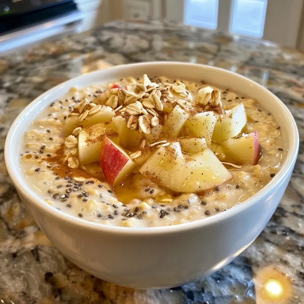 ['Close-up of high protein apple cinnamon overnight oats in a glass jar with apple slices on top.', 'Side view of overnight oats featuring chopped apples and cinnamon, garnished with additional apple slices.', 'Creamy apple cinnamon oats in a bowl with a spoon, showcasing the texture and vibrant ingredients.', 'High protein overnight oats displayed with a sprinkle of cinnamon and fresh apple slices, highlighting the layers.']