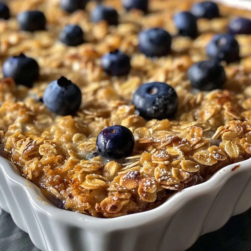 ['Close-up of a high-protein breakfast bake with blueberries.', 'Side view of a baked dish filled with oats, eggs, and cottage cheese.', 'Juicy breakfast bake topped with fresh blueberries and golden edges.', 'High-protein breakfast bake with a moist texture and vibrant blueberry topping.']