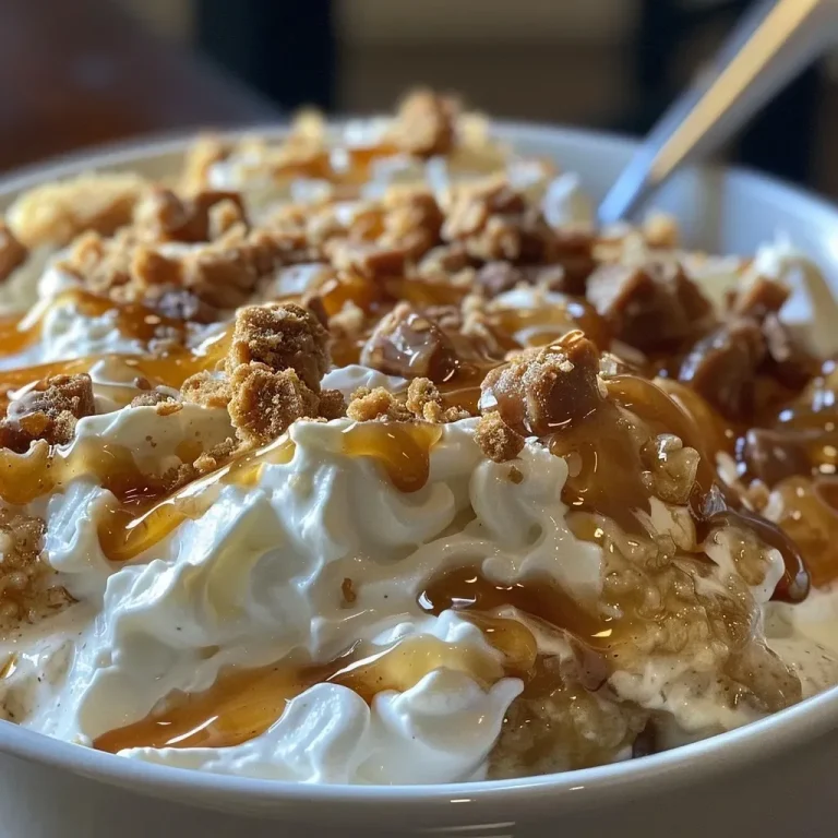 ['Close-up view of a creamy caramel apple cheesecake dip in a bowl, with a sprig of apple nearby.', 'A decadent high-protein caramel apple cheesecake dip topped with crushed Heath bar and served in a decorative dish.', 'Side view of a rich, caramel apple cheesecake dip with a smooth texture, garnished with apple slices.', 'A colorful bowl of caramel apple cheesecake dip featuring a glossy finish and layered ingredients.']