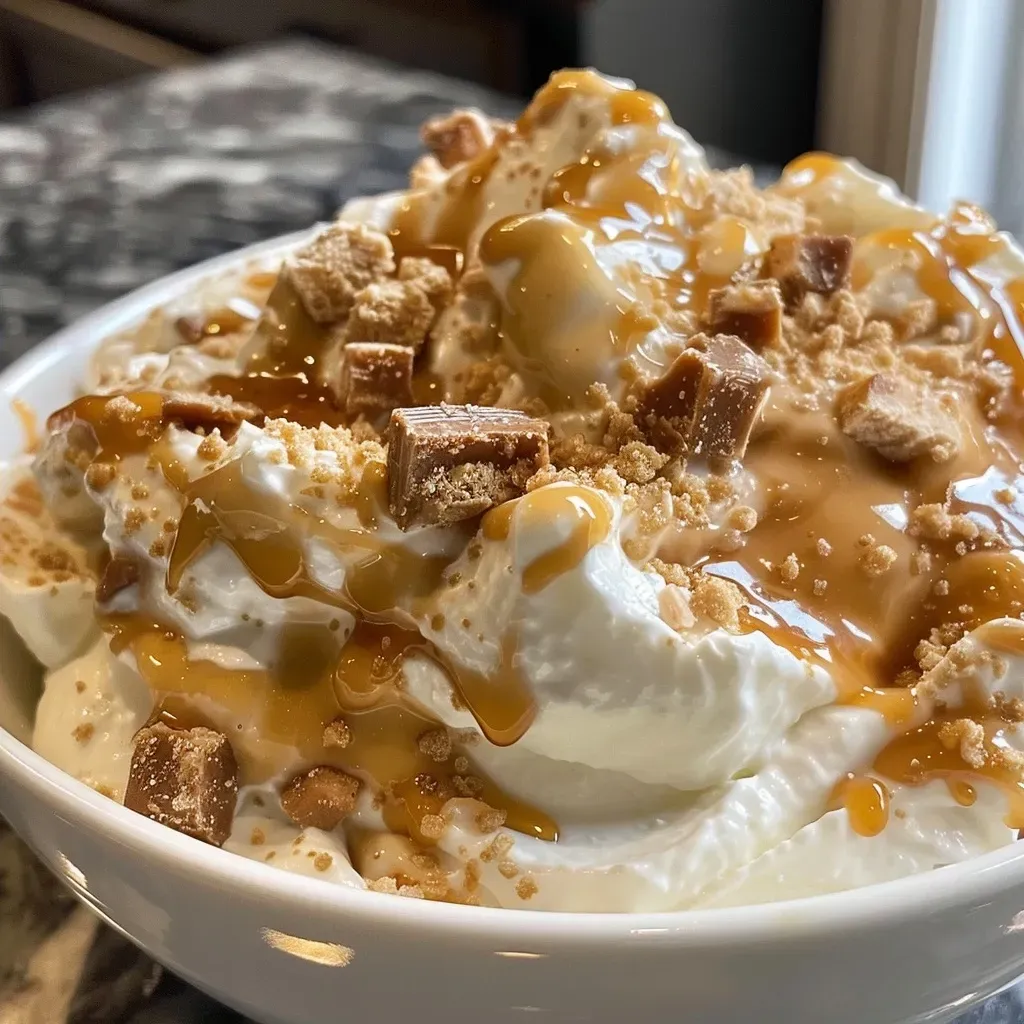 ['Close-up view of a creamy caramel apple cheesecake dip in a bowl, with a sprig of apple nearby.', 'A decadent high-protein caramel apple cheesecake dip topped with crushed Heath bar and served in a decorative dish.', 'Side view of a rich, caramel apple cheesecake dip with a smooth texture, garnished with apple slices.', 'A colorful bowl of caramel apple cheesecake dip featuring a glossy finish and layered ingredients.']