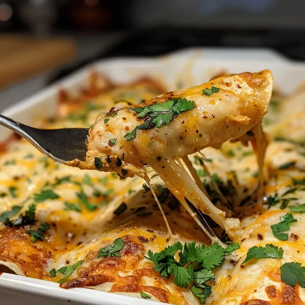 ['Close-up view of juicy high-protein chicken enchiladas, topped with cheese and cilantro.', 'Side view of colorful chicken enchiladas, drizzled with sour cream and garnished with fresh herbs.', 'Delicious chicken enchiladas filled with shredded chicken, served on a plate with tomato sauce.', 'High-protein chicken enchiladas with melted cheese and a sprinkle of cilantro, presented on a rustic table.']