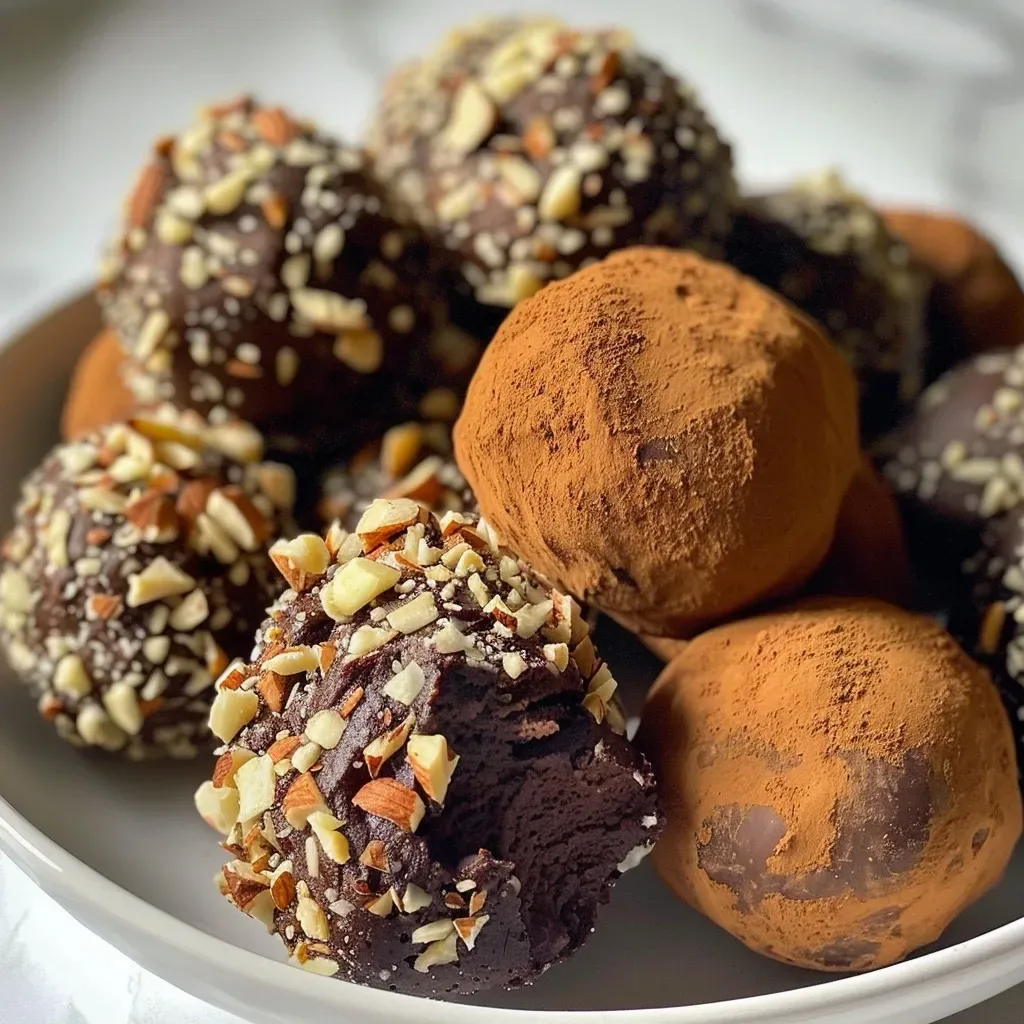 ['Close-up of rich, dark chocolate coffee truffles with a glossy finish.', 'Side view of delectable high-protein coffee truffles, showcasing their texture.', 'Juicy coffee truffles coated in cocoa powder, displayed on a neutral surface.', 'Gourmet high-protein coffee truffles arranged invitingly, with nuts sprinkled around.']