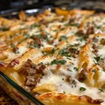 ['Close-up side view of creamy beef pasta bake with fettuccine and spinach.', 'Juicy beef pasta bake topped with melted cheese and fresh spinach.', 'High-protein creamy beef pasta served in a rustic dish, showcasing fettuccine and garlic.', 'Deliciously creamy pasta bake featuring ground beef and Parmesan cheese.']