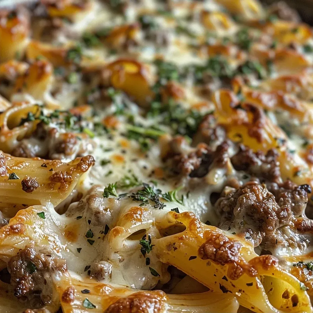 ['Close-up side view of creamy beef pasta bake with fettuccine and spinach.', 'Juicy beef pasta bake topped with melted cheese and fresh spinach.', 'High-protein creamy beef pasta served in a rustic dish, showcasing fettuccine and garlic.', 'Deliciously creamy pasta bake featuring ground beef and Parmesan cheese.']