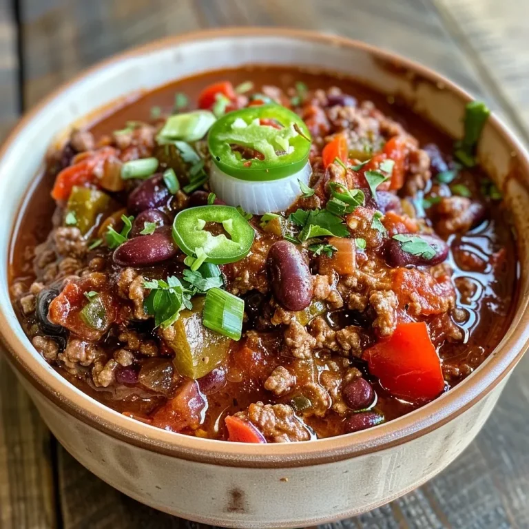['Close-up of a bowl filled with chunky, hearty beef chili featuring beans and colorful peppers.', 'Side view of a steaming bowl of ground beef chili, showcasing ingredients like beans, tomatoes, and spices.', 'Juicy beef chili with various beans and peppers, presented in a rustic bowl on a wooden surface.', 'Delicious high-protein chili garnished with cheese and green onions, highlighting its vibrant appearance.']